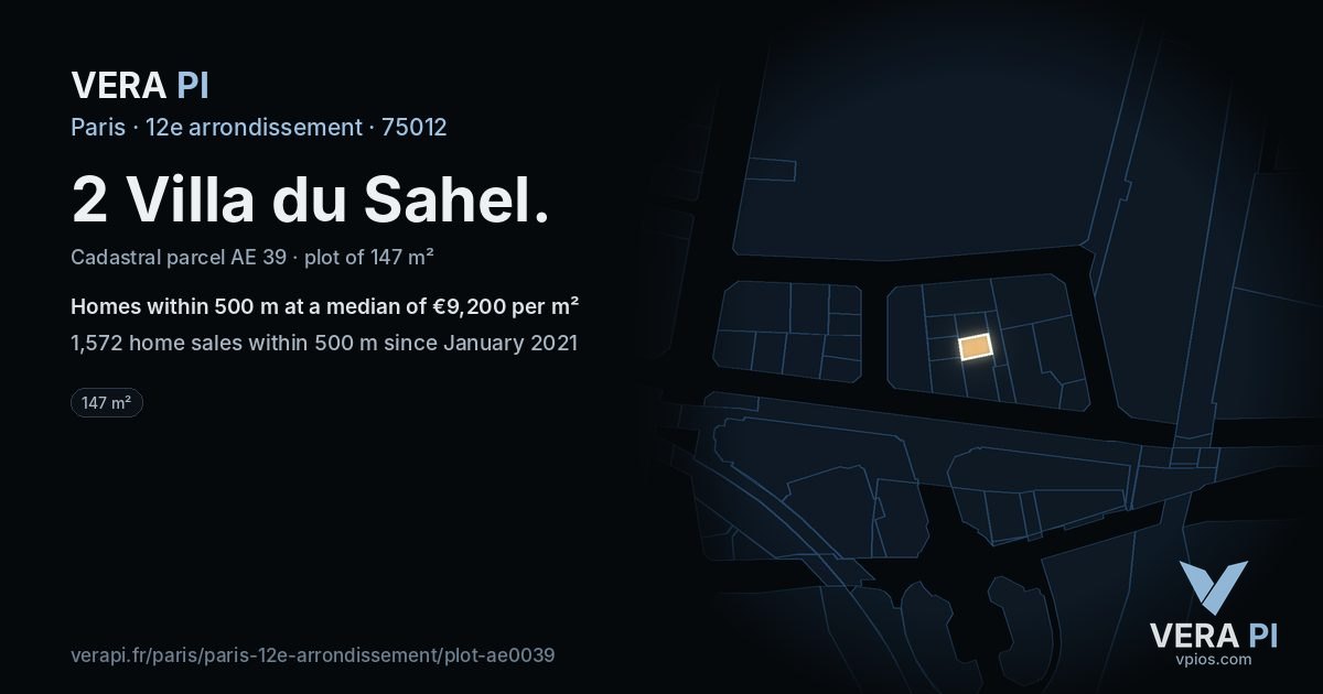 2 Villa du Sahel, 12e arrondissement at night – the plot lit, the parcels around coloured by the prices near them