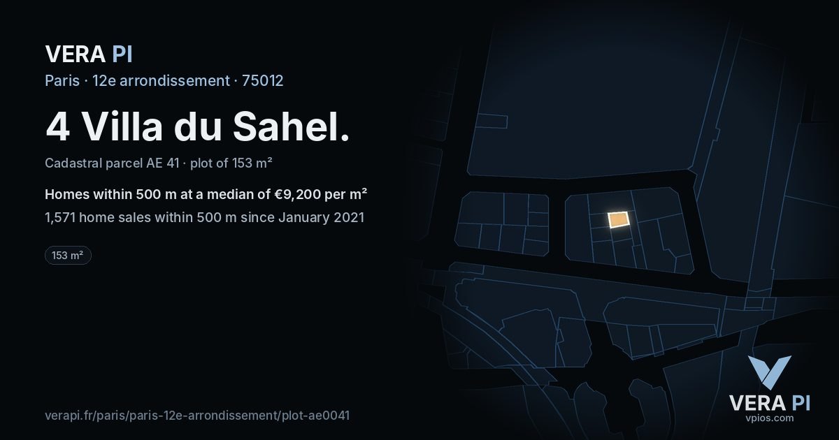 4 Villa du Sahel, 12e arrondissement at night – the plot lit, the parcels around coloured by the prices near them