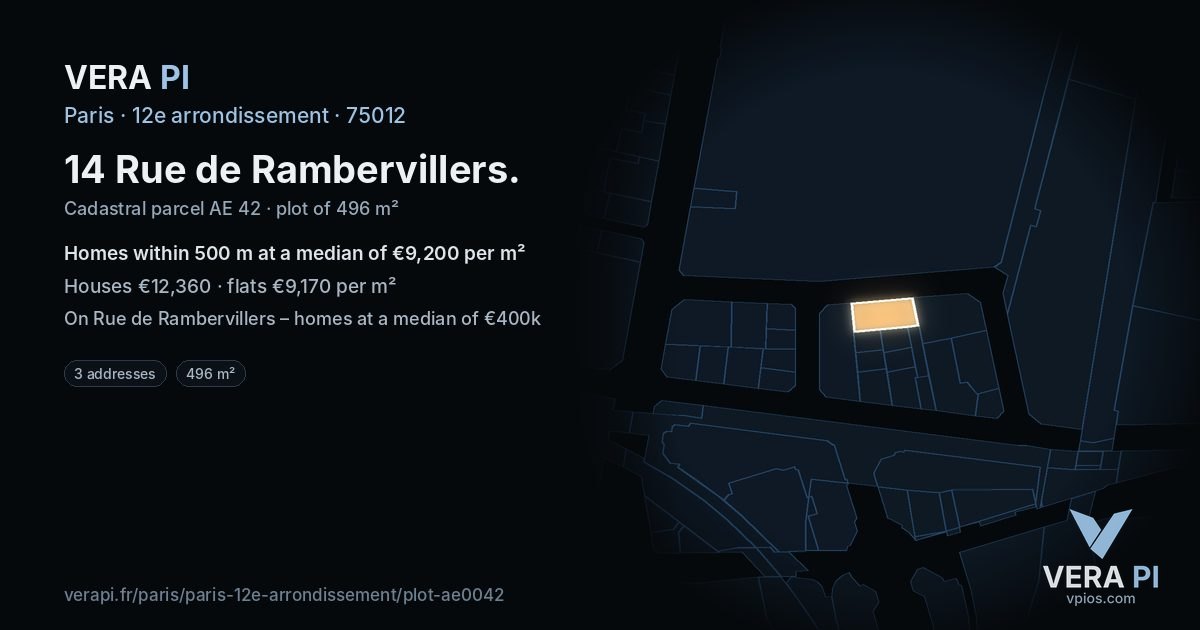 14 Rue de Rambervillers, 12e arrondissement at night – the plot lit, the parcels around coloured by the prices near them