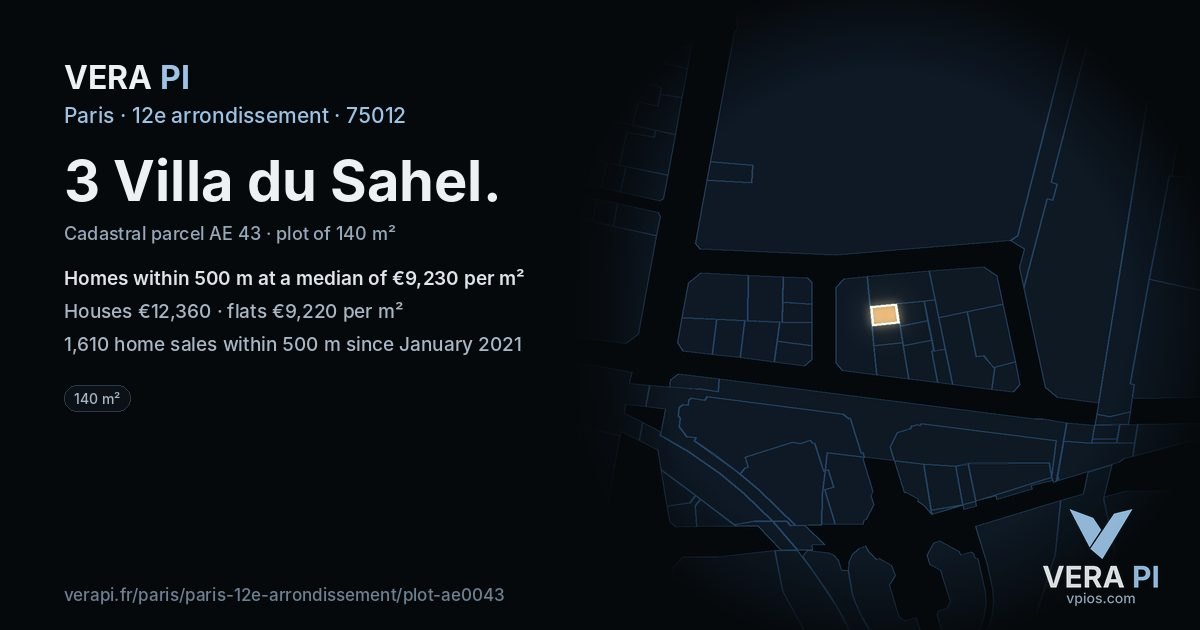 3 Villa du Sahel, 12e arrondissement at night – the plot lit, the parcels around coloured by the prices near them