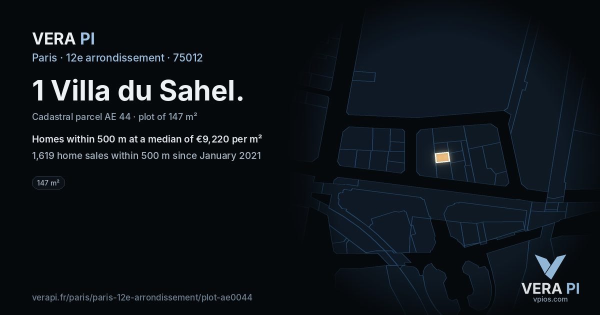 1 Villa du Sahel, 12e arrondissement at night – the plot lit, the parcels around coloured by the prices near them