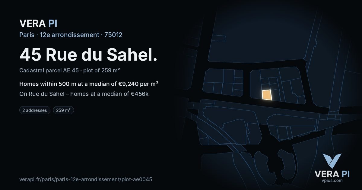 45 Rue du Sahel, 12e arrondissement at night – the plot lit, the parcels around coloured by the prices near them