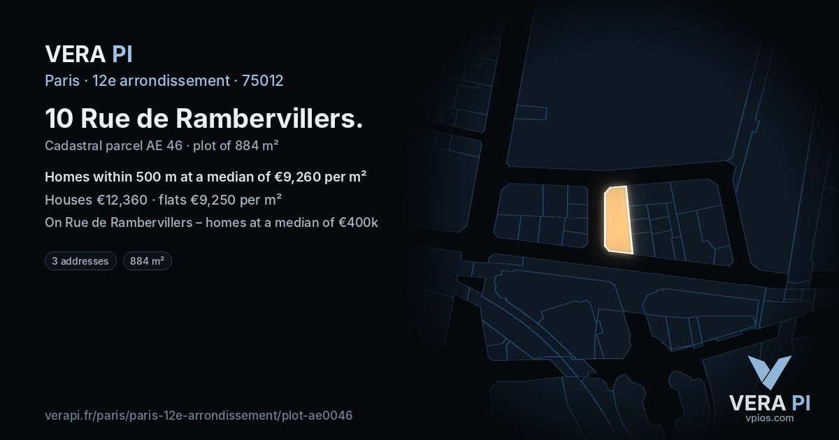 10 Rue de Rambervillers, 12e arrondissement at night – the plot lit, the parcels around coloured by the prices near them