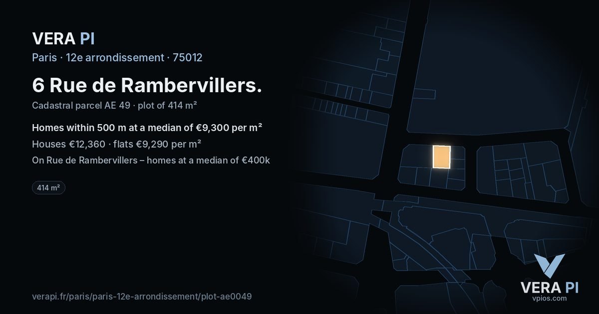6 Rue de Rambervillers, 12e arrondissement at night – the plot lit, the parcels around coloured by the prices near them