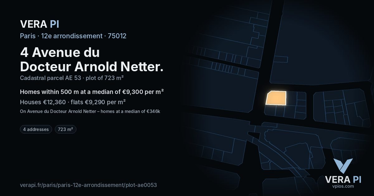 4 Avenue du Docteur Arnold Netter, 12e arrondissement at night – the plot lit, the parcels around coloured by the prices near them