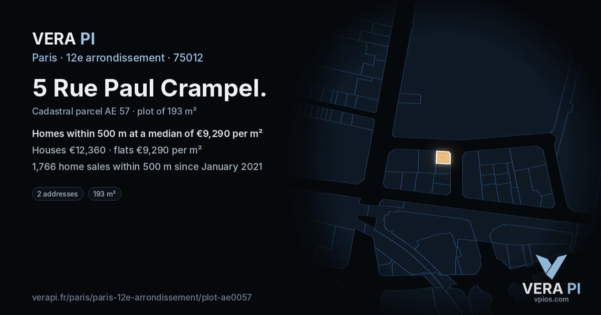 5 Rue Paul Crampel, 12e arrondissement at night – the plot lit, the parcels around coloured by the prices near them