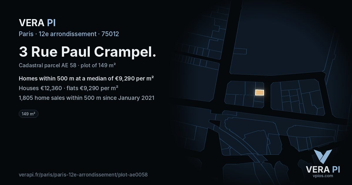 3 Rue Paul Crampel, 12e arrondissement at night – the plot lit, the parcels around coloured by the prices near them