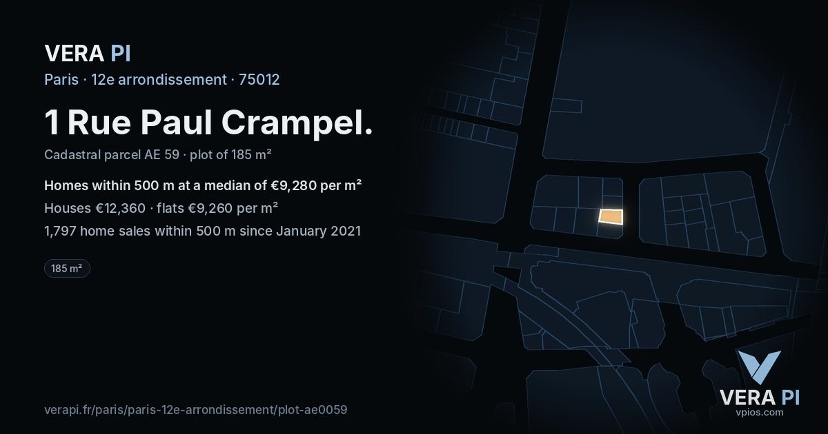 1 Rue Paul Crampel, 12e arrondissement at night – the plot lit, the parcels around coloured by the prices near them