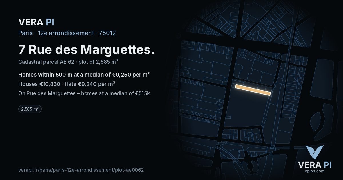 7 Rue des Marguettes, 12e arrondissement at night – the plot lit, the parcels around coloured by the prices near them