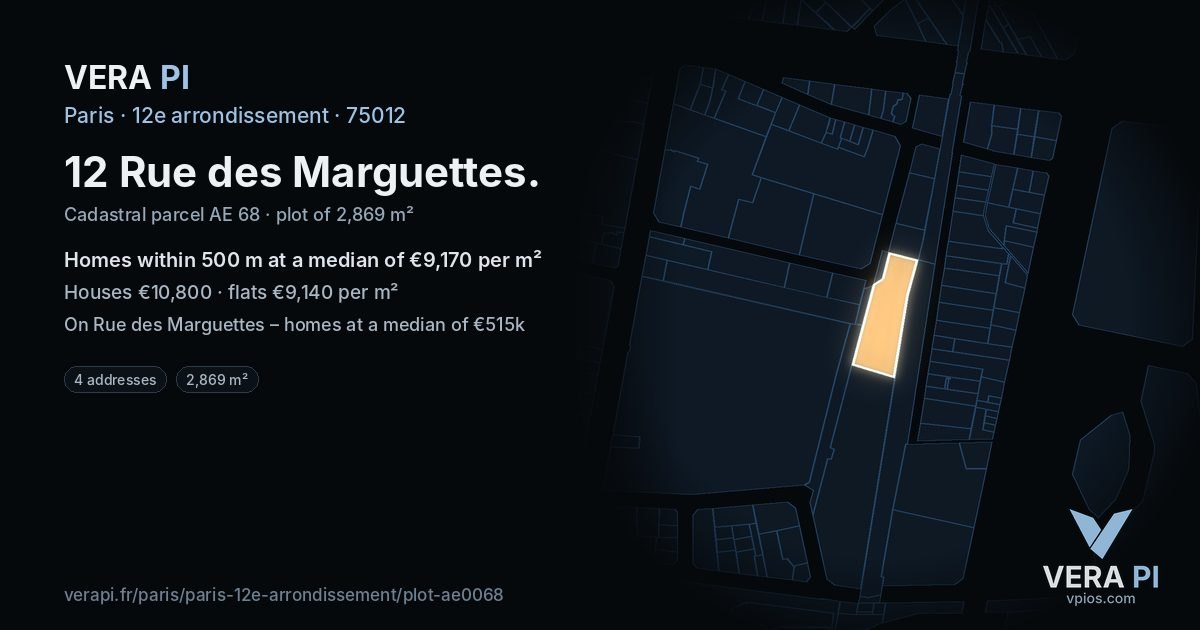 12 Rue des Marguettes, 12e arrondissement at night – the plot lit, the parcels around coloured by the prices near them