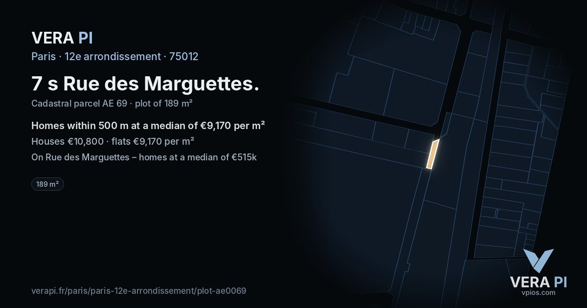 7 s Rue des Marguettes, 12e arrondissement at night – the plot lit, the parcels around coloured by the prices near them