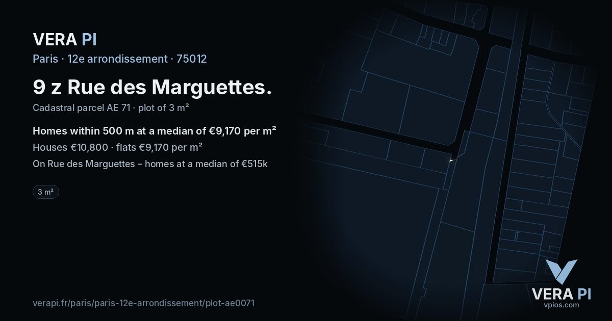 9 z Rue des Marguettes, 12e arrondissement at night – the plot lit, the parcels around coloured by the prices near them