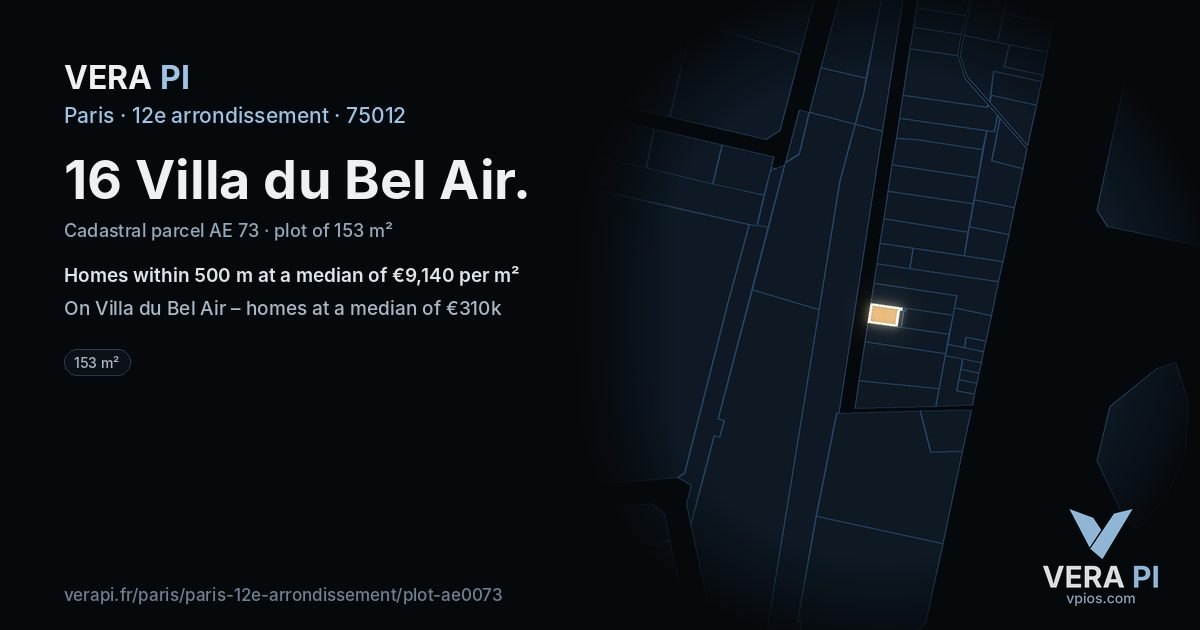 16 Villa du Bel Air, 12e arrondissement at night – the plot lit, the parcels around coloured by the prices near them
