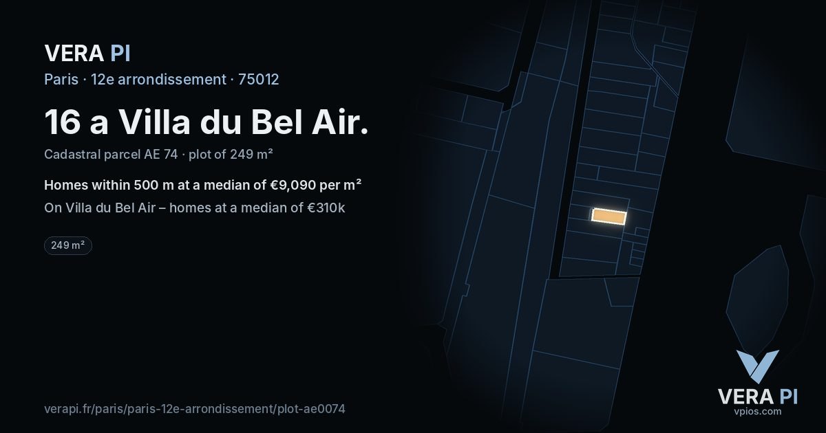 16 a Villa du Bel Air, 12e arrondissement at night – the plot lit, the parcels around coloured by the prices near them