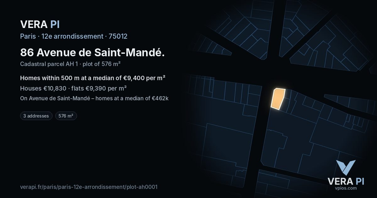 86 Avenue de Saint-Mandé, 12e arrondissement at night – the plot lit, the parcels around coloured by the prices near them