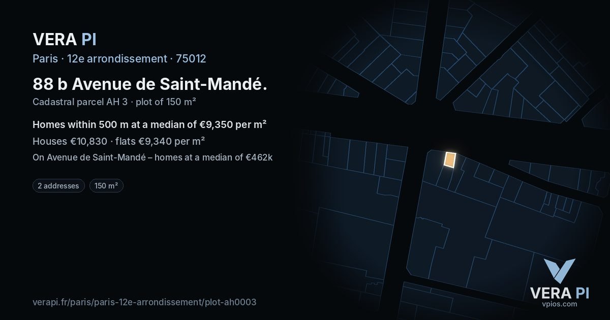 88 b Avenue de Saint-Mandé, 12e arrondissement at night – the plot lit, the parcels around coloured by the prices near them