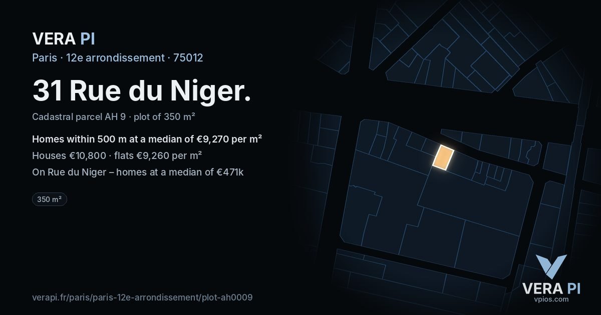 31 Rue du Niger, 12e arrondissement at night – the plot lit, the parcels around coloured by the prices near them
