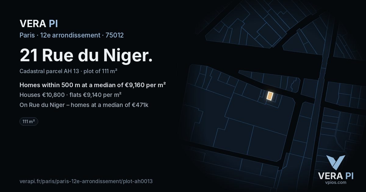 21 Rue du Niger, 12e arrondissement at night – the plot lit, the parcels around coloured by the prices near them