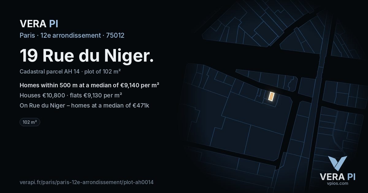 19 Rue du Niger, 12e arrondissement at night – the plot lit, the parcels around coloured by the prices near them