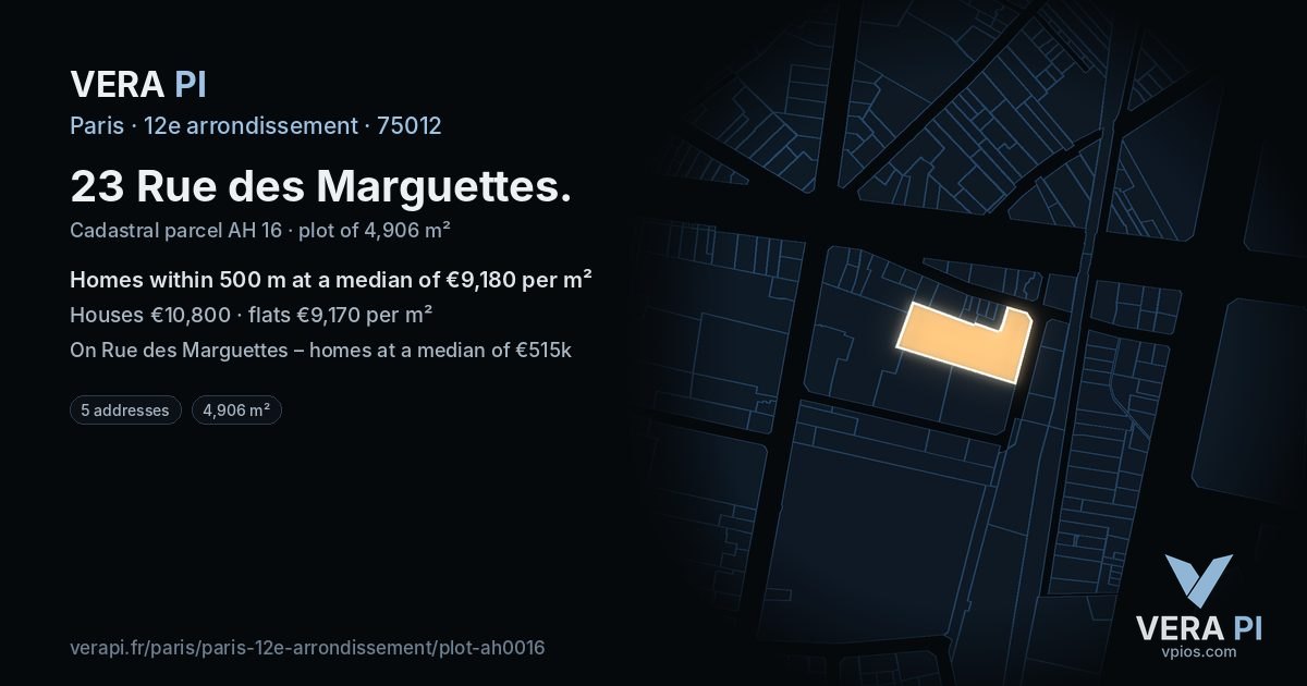 23 Rue des Marguettes, 12e arrondissement at night – the plot lit, the parcels around coloured by the prices near them