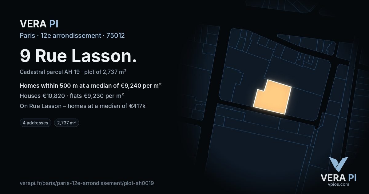 9 Rue Lasson, 12e arrondissement at night – the plot lit, the parcels around coloured by the prices near them