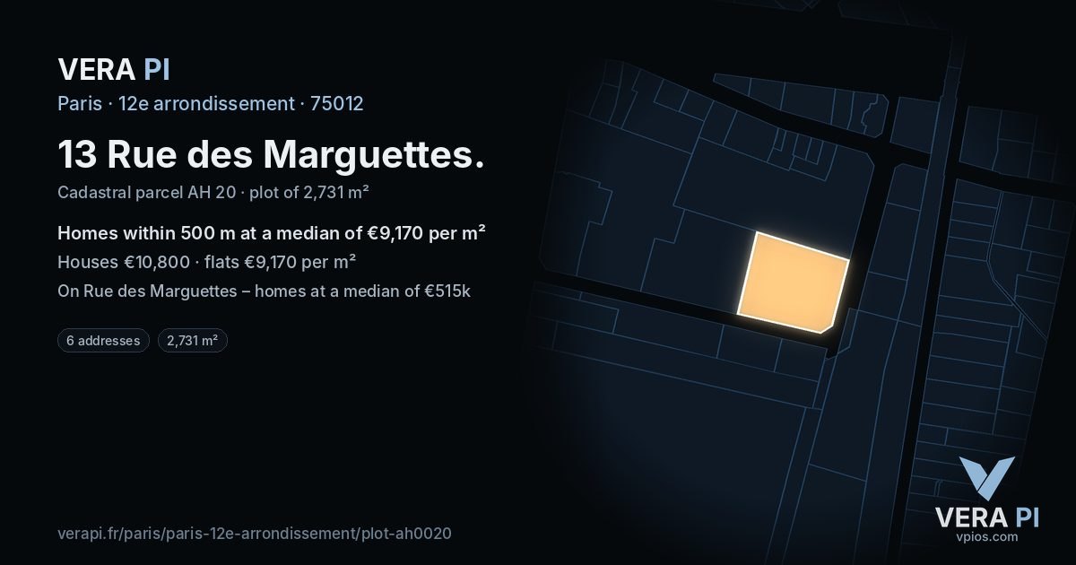 13 Rue des Marguettes, 12e arrondissement at night – the plot lit, the parcels around coloured by the prices near them