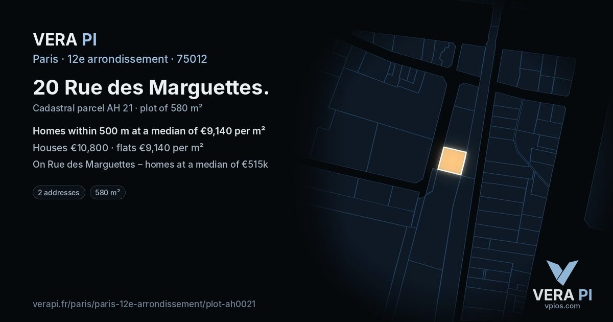 20 Rue des Marguettes, 12e arrondissement at night – the plot lit, the parcels around coloured by the prices near them