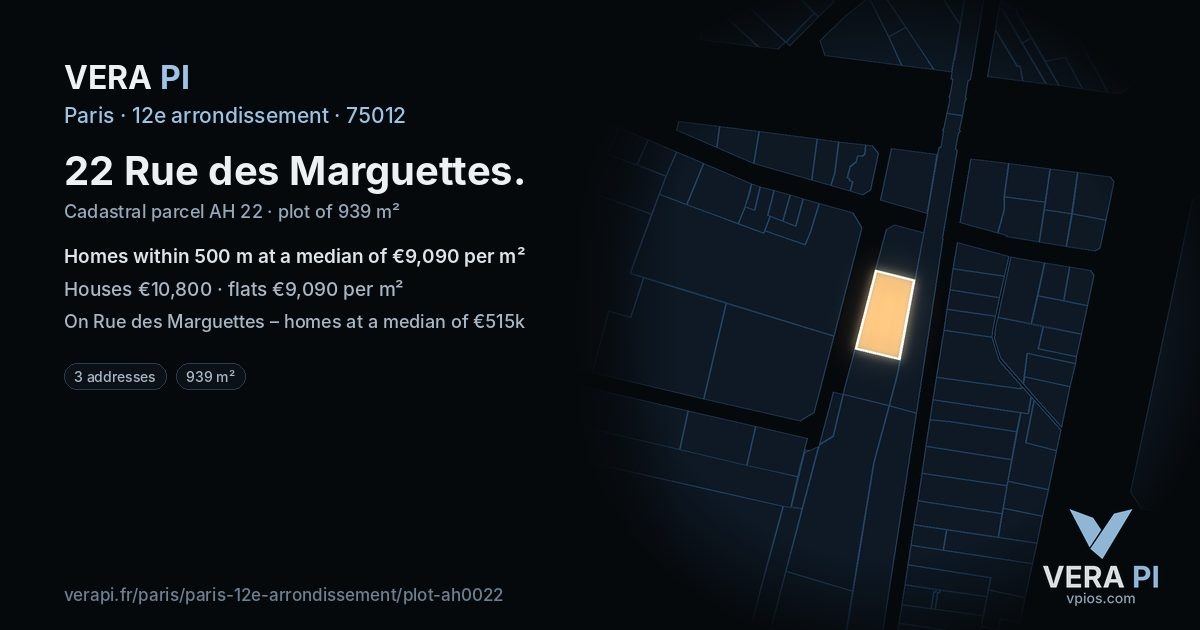22 Rue des Marguettes, 12e arrondissement at night – the plot lit, the parcels around coloured by the prices near them
