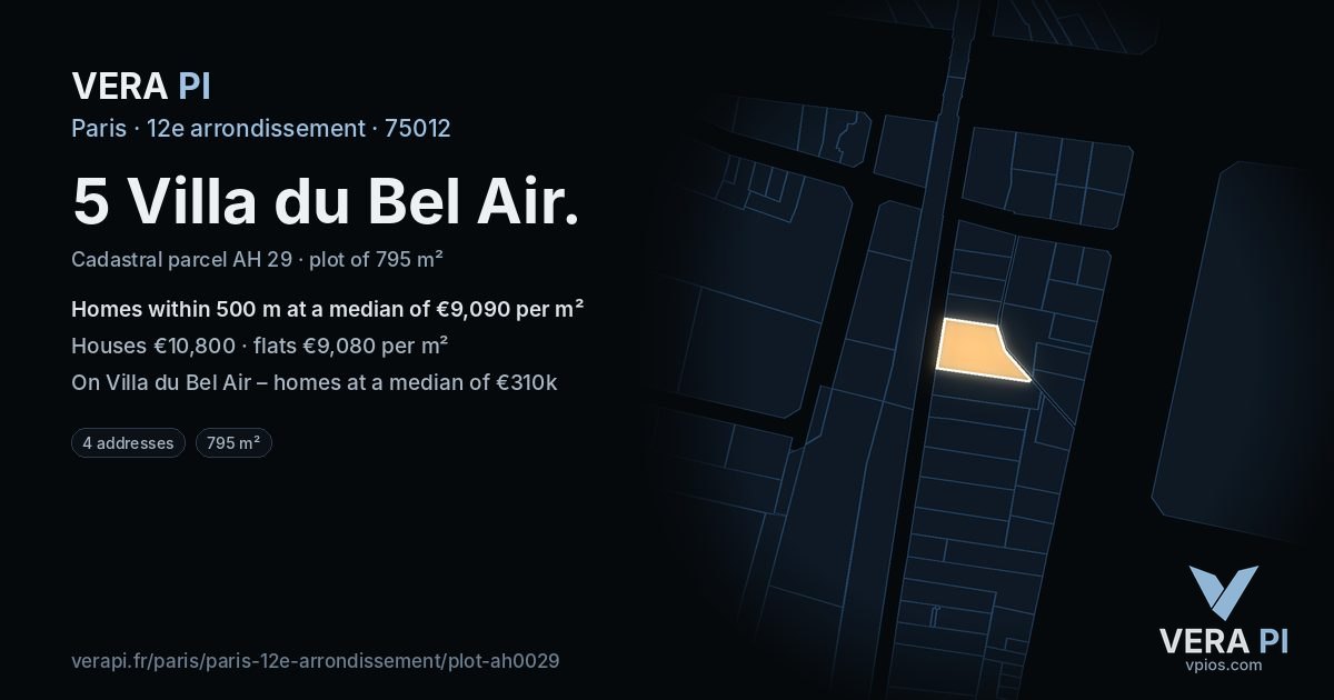 5 Villa du Bel Air, 12e arrondissement at night – the plot lit, the parcels around coloured by the prices near them