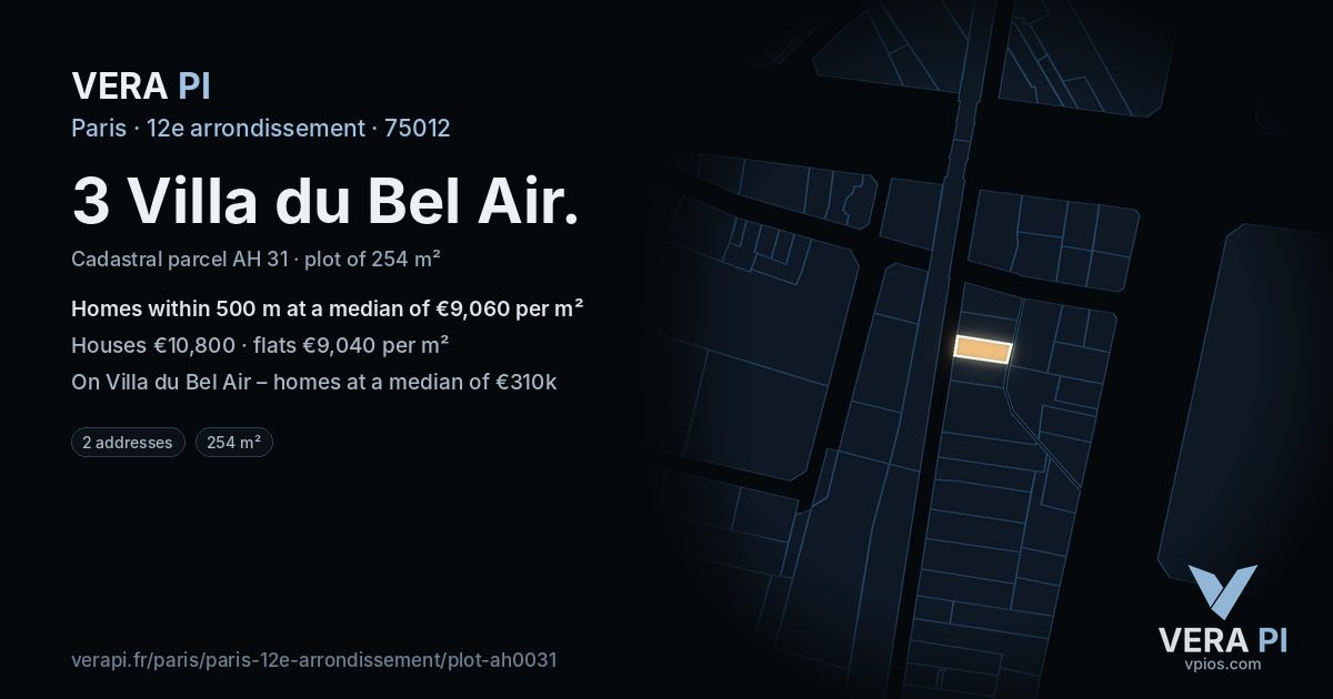 3 Villa du Bel Air, 12e arrondissement at night – the plot lit, the parcels around coloured by the prices near them