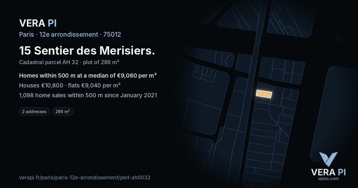 15 Sentier des Merisiers, 12e arrondissement at night – the plot lit, the parcels around coloured by the prices near them