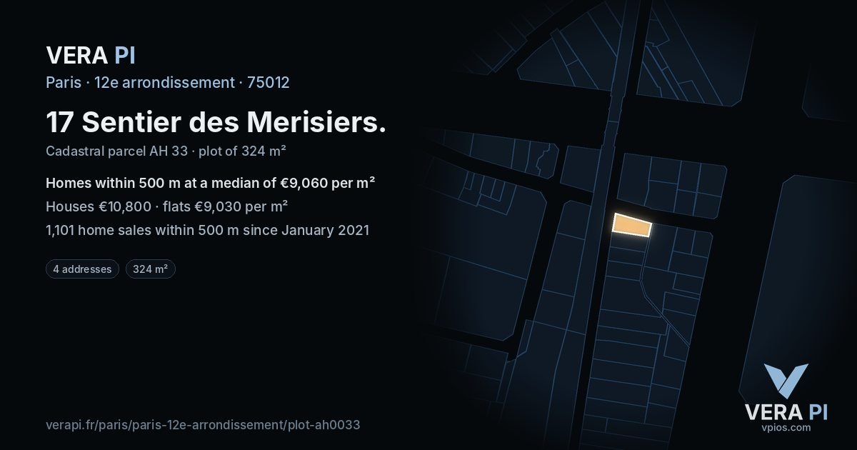 17 Sentier des Merisiers, 12e arrondissement at night – the plot lit, the parcels around coloured by the prices near them