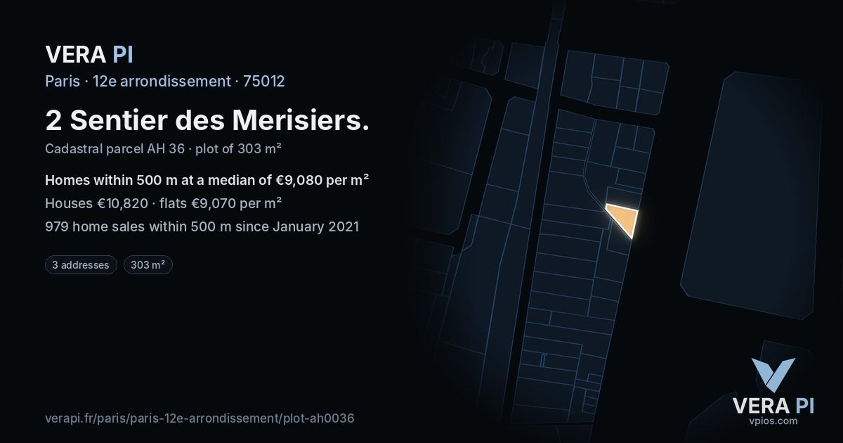 2 Sentier des Merisiers, 12e arrondissement at night – the plot lit, the parcels around coloured by the prices near them