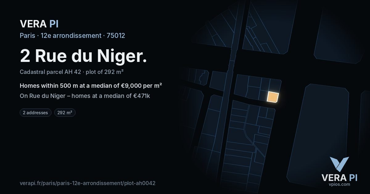 2 Rue du Niger, 12e arrondissement at night – the plot lit, the parcels around coloured by the prices near them