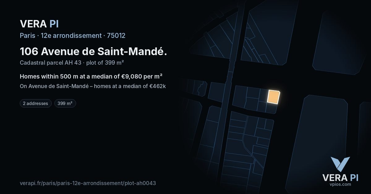 106 Avenue de Saint-Mandé, 12e arrondissement at night – the plot lit, the parcels around coloured by the prices near them
