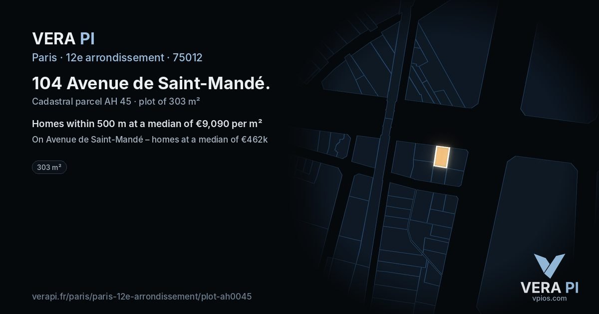 104 Avenue de Saint-Mandé, 12e arrondissement at night – the plot lit, the parcels around coloured by the prices near them