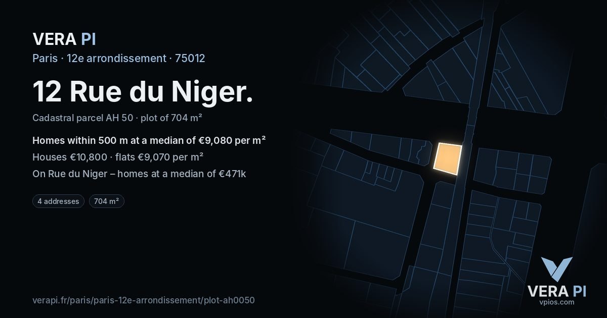 12 Rue du Niger, 12e arrondissement at night – the plot lit, the parcels around coloured by the prices near them