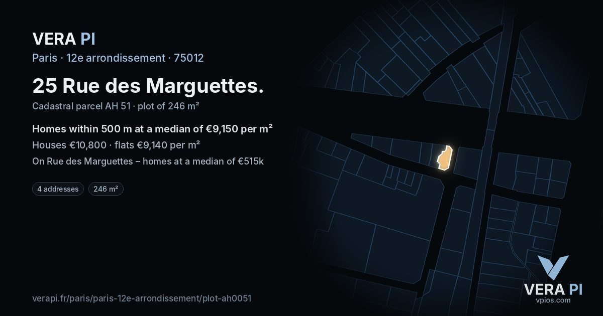25 Rue des Marguettes, 12e arrondissement at night – the plot lit, the parcels around coloured by the prices near them