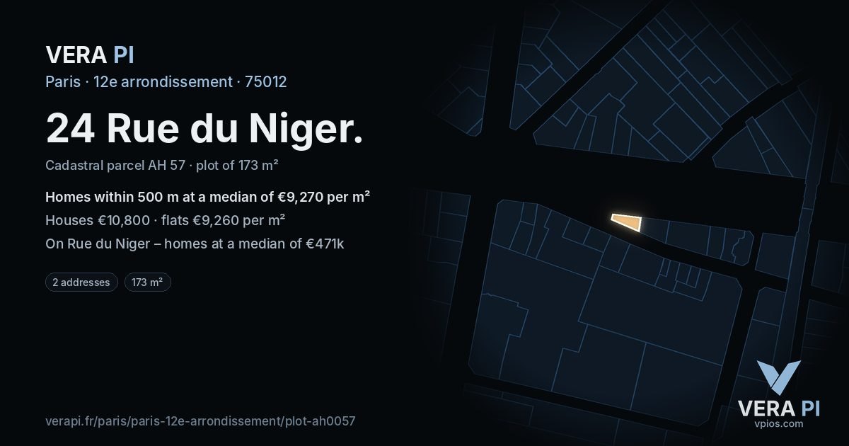 24 Rue du Niger, 12e arrondissement at night – the plot lit, the parcels around coloured by the prices near them