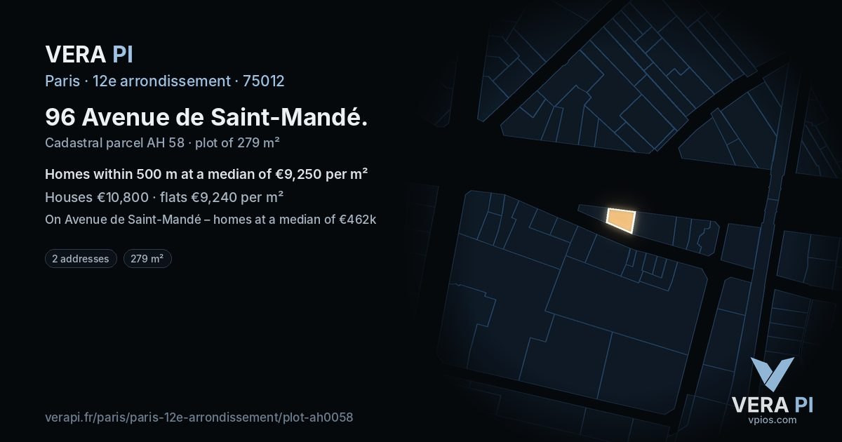 96 Avenue de Saint-Mandé, 12e arrondissement at night – the plot lit, the parcels around coloured by the prices near them