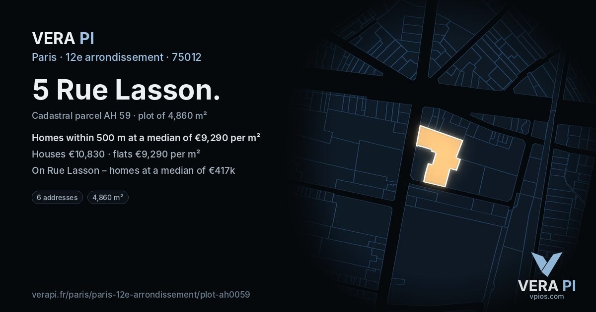 5 Rue Lasson, 12e arrondissement at night – the plot lit, the parcels around coloured by the prices near them