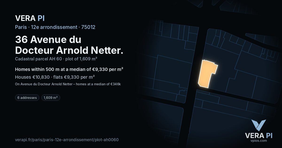 36 Avenue du Docteur Arnold Netter, 12e arrondissement at night – the plot lit, the parcels around coloured by the prices near them