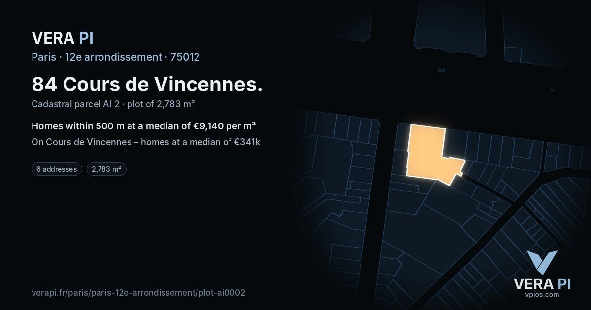 84 Cours de Vincennes, 12e arrondissement at night – the plot lit, the parcels around coloured by the prices near them
