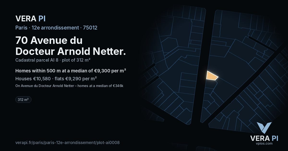 70 Avenue du Docteur Arnold Netter, 12e arrondissement at night – the plot lit, the parcels around coloured by the prices near them