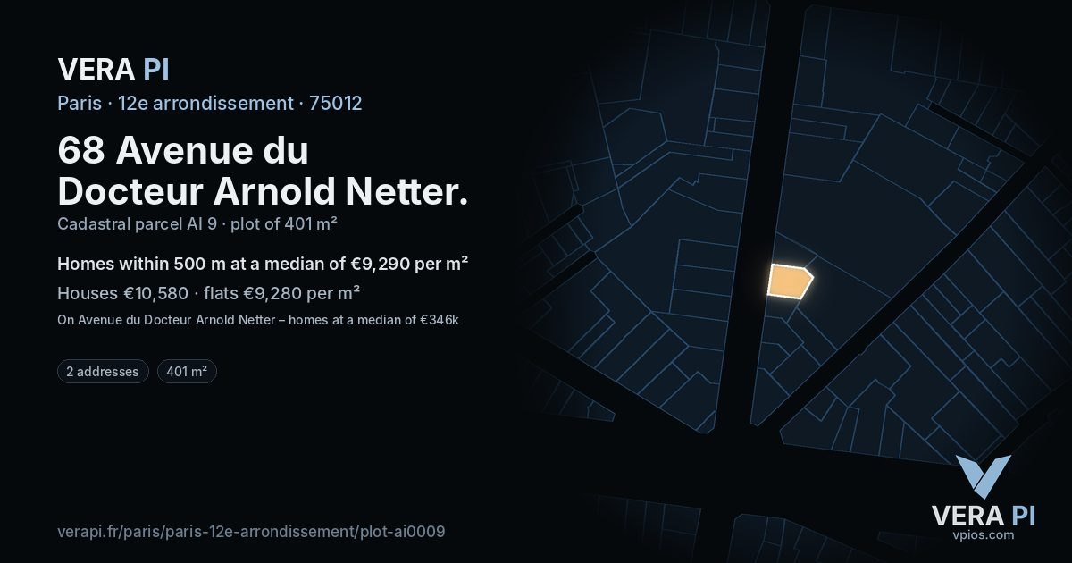 68 Avenue du Docteur Arnold Netter, 12e arrondissement at night – the plot lit, the parcels around coloured by the prices near them