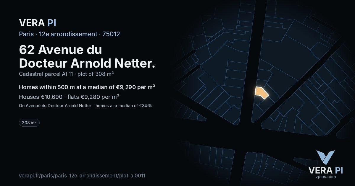 62 Avenue du Docteur Arnold Netter, 12e arrondissement at night – the plot lit, the parcels around coloured by the prices near them
