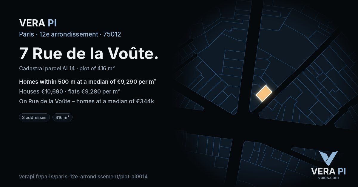 7 Rue de la Voûte, 12e arrondissement at night – the plot lit, the parcels around coloured by the prices near them