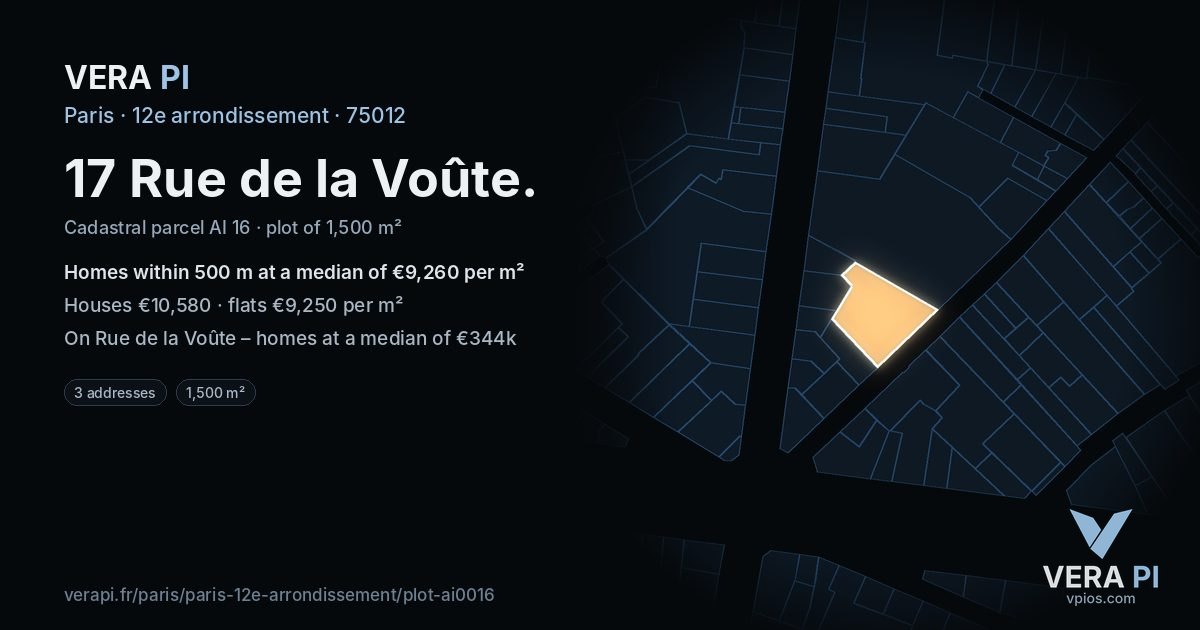 17 Rue de la Voûte, 12e arrondissement at night – the plot lit, the parcels around coloured by the prices near them