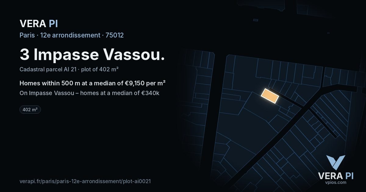 3 Impasse Vassou, 12e arrondissement at night – the plot lit, the parcels around coloured by the prices near them