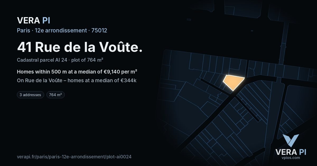 41 Rue de la Voûte, 12e arrondissement at night – the plot lit, the parcels around coloured by the prices near them